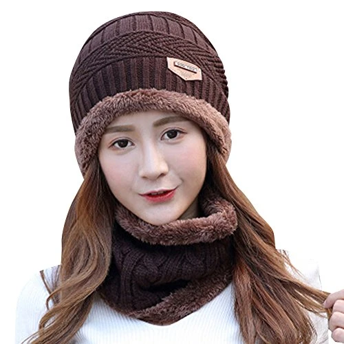 Women Hat with Ear Flap Winter Knitted Hats Cute Sweet Thick Windproof Bobble Crochet Elastic Cap Coffee
