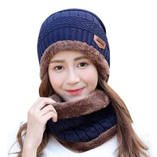 Women Hat with Ear Flap Winter Knitted Hats Cute Sweet Thick Windproof Bobble Crochet Elastic Cap Navy