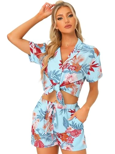 Women Hawaiian Sets 2 Pieces Floral Button Down Shirt and Shorts Tropical 2023 Vacation Beach Outfit