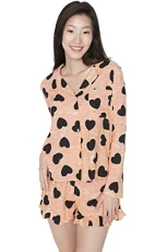 Women Heart Ruffle detailed Middle Woven Shirt-Short Pajama Set Peach Women Heart Ruffle detailed Middle Woven Shirt-Short Pajama Set Peach