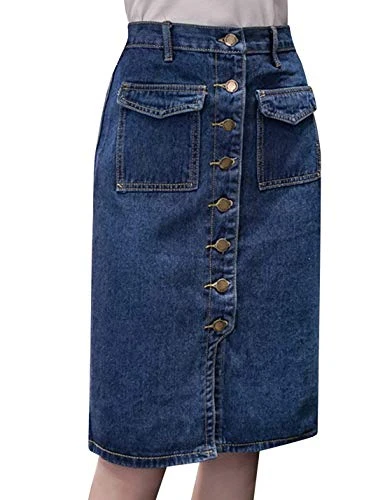 Women High Waist Button Front Midi Maxi Pencil Denim Jean Skirt (UK 16, Blue)