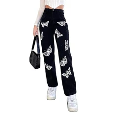 Women High Waist Jeans Casual Loose Straight Leg Bootcut Pants Butterfly Baggy Denim Trousers Black