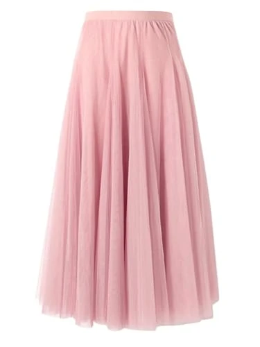 Women High Waist Mesh Skirt Casual Tulle Tutu A-Line Midi Skirt Pleated Swing Long Skirt for Prom Party A Pink XL