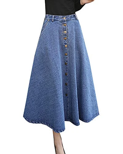 Women High Waist Retro A Line Jeans Single-Breasted Midi Pleated Denim Skirts Light Blue S