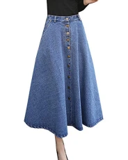 Women High Waist Retro A Line Jeans Single-Breasted Midi Pleated Denim Skirts Light Blue S