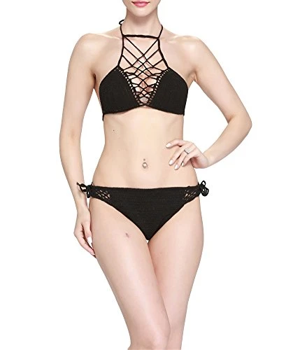 Women Hollow Out Crochet Bikini Set Halter Neck Knitted Beachwear Lace Swimwear Two Piece Bathing Suit Black