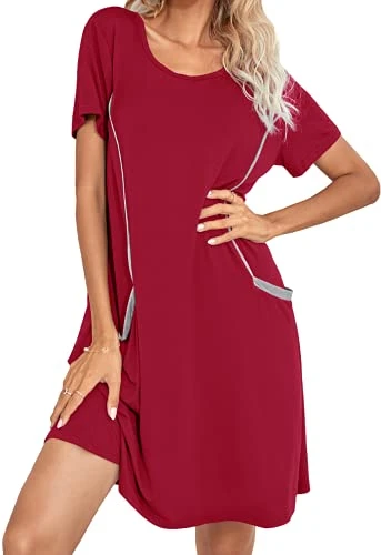 Women Home Dresses Casual Nightdress Loose Sleepwear Dress Round Neck Summer Nightwear Mulberry Red L