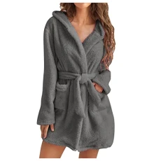 Women Hooded Bathrobes Lightweight Soft Plush Flannel Sleepwear Hooded Bathrobe Plush Short Soft Robe Womens Long Sleeve Sleepwear (A1-Grey, S)