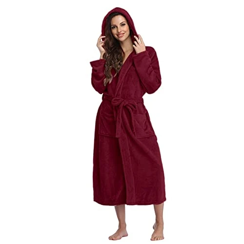 Women Hooded Fleece Bathrobe Lightweight Soft Plush Robe Long Flannel Sleepwear Fleece Hooded Bathrobe Plush Long Robes Night Gowns for Women plus Size