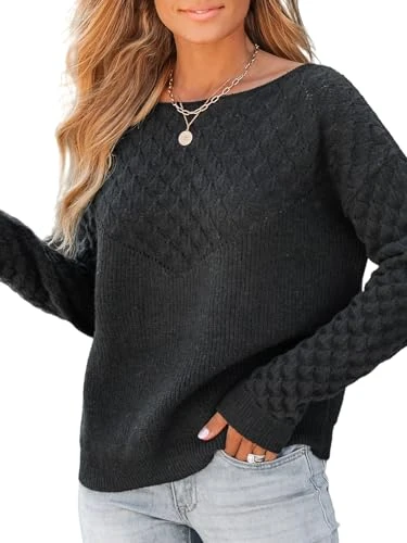 Women Jumper Casual Knit Cutout Round Neck Sweater Knit Winter Pullover Black S