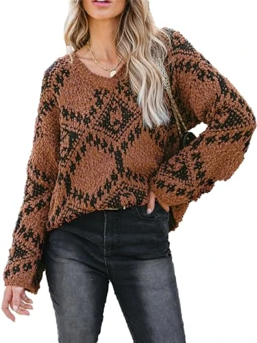 Women Jumper Chenille Knitted Dropped Long Sleeve Sweater Winter V Neck Ribbed Trim Pullover Sweater Brown L