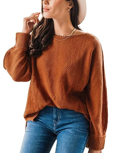 Women Jumper Crew Neck Sweater Tops Long Sleeves Pullover Loose Casual Sweater Brown XL