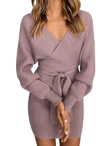 Women Jumper Dress Bodycon Dress Long Sleeve Jumper Dress Slim Fit Sweater Dresses V Neck Knitted Jumper Dress for Office, Parties, Leisure, Cocktail Parties, Pink, Size M