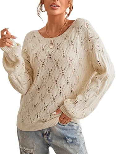 Women Jumper Long Sleeve Pullover Crew Neck Sweater Solid Fall Winter Casual Knit Sweaters Cream White S