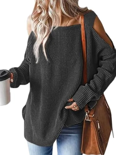 Women Jumper Off Shoulder Sweaters Square Neck Casual Cold Oversized Pullover with Long Sleeves Grey XL