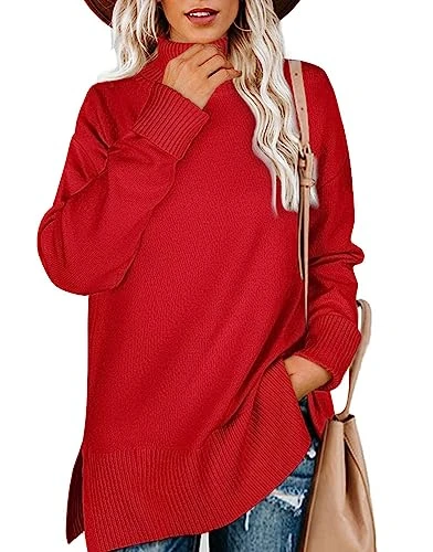 Women Jumper Turtle Neck Tops for Ladies Ribbed Sweater Split Tunic Red Size 14-16