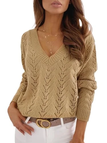 Women Jumper V-Neck Long Sleeve Knit Sweater Dropped Shoulders Pullover with Ribbed Trim Brown L