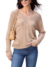 Women Jumper V-Neck Long Sleeve Knit Sweater Dropped Shoulders Pullover with Ribbed Trim Mist Pink M Women Jumper V-Neck Long Sleeve Knit Sweater Dropped Shoulders Pullover with Ribbed Trim Mist Pink M