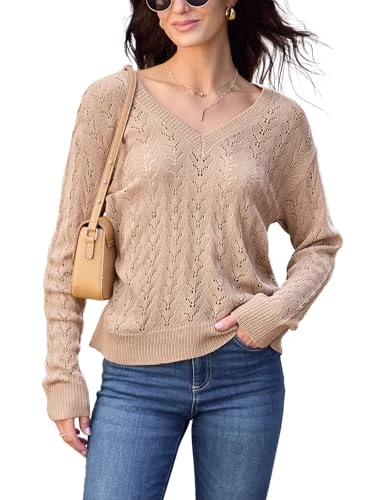 Women Jumper V-Neck Long Sleeve Knit Sweater Dropped Shoulders Pullover with Ribbed Trim Mist Pink M