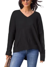 Women Jumper V-Neck Sweater Drop Long Sleeve Ribbed Tops Casual Blouse Black XL Women Jumper V-Neck Sweater Drop Long Sleeve Ribbed Tops Casual Blouse Black XL