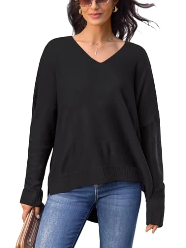 Women Jumper V-Neck Sweater Drop Long Sleeve Ribbed Tops Casual Blouse Black XL