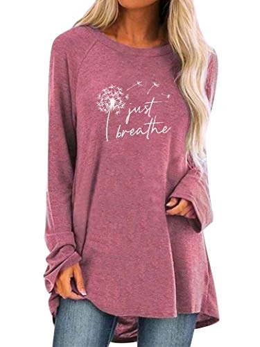 Women Just Breathe Dandelion Tunic Tops Long Sleeve T-Shirt Pullover Loose Blouse