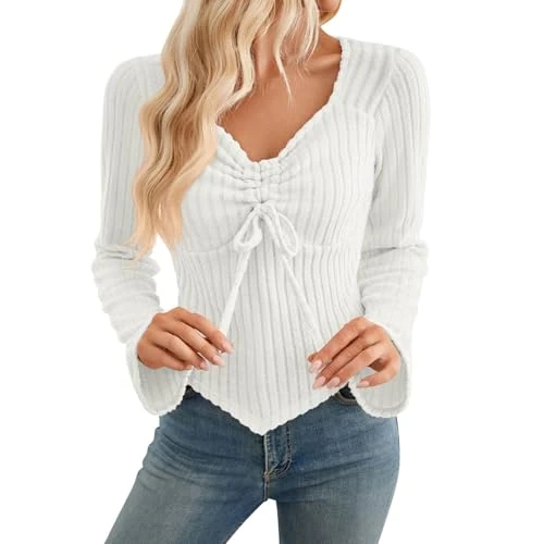 Women Kitting Shirt Tie-Up Front Solid Color Knitwear Long Sleeve Pleated Short Blouses Ribbed Worko