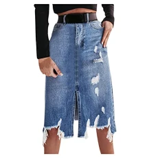Women Knee Length Midi Skirts High Waist A-Line Fashion Ripped Jeans Skirt Sexy Work Skirts with Pocket Blue