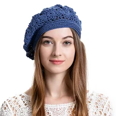 Women Knit Beret Handmade Crochet Cutout Hat Lightweight Slouchy Autumn Hat (Plain Navy),One Size