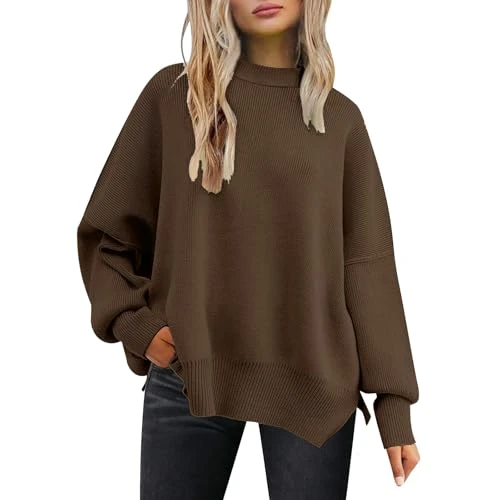 Women Knit Jumper Ribbed Batwing Lightweight Sweatshirts Solid Color Side Split Pullover Jumper Crew