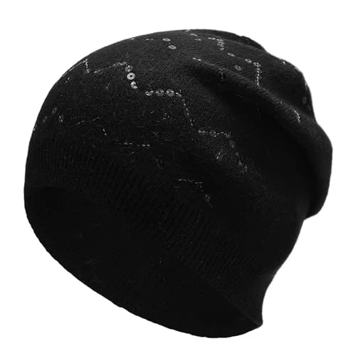 Women Knit Slouchy Beanie Hats Soft Winter Stretch Skull Cap(Wavy-line Sequin Black)