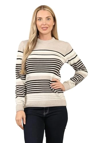 Women Knitted Jumper Long Sleeve Striped Pattern Crew Neck Ladies Sweater Pull Over Jacquard Top Beige XS