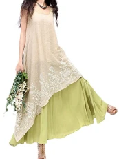 Women Knot Front Dress Flare Ruched Wrap V Neck Embroidery Print Linen Fake Two Piece Maxi Long Dress Light Green UK 8