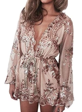 Women Knot Front Dress Flare Ruched Wrap V Neck Print Gold Sequin Mesh Loose Jumpsuit Playsuit Overall Beach Gold UK 18