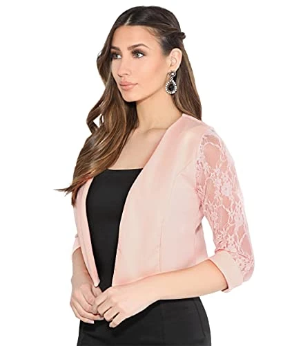 Women Lace Back 3/4 Sleeve Open Shrug Bolero (Pink, 14) 5159-PNK-14