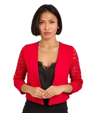 Women Lace Back 3/4 Sleeve Open Shrug Bolero (Red, 10) 5159-RED-10 Women Lace Back 3/4 Sleeve Open Shrug Bolero (Red, 10) 5159-RED-10