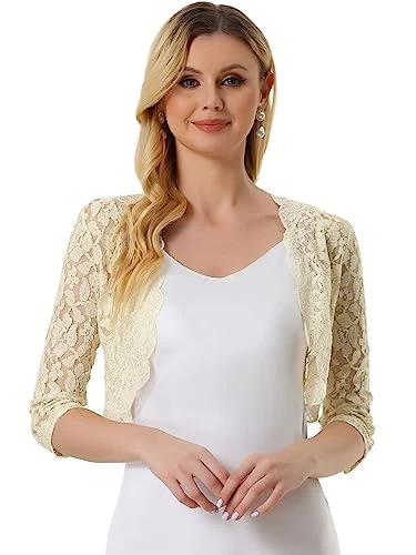 Women Lace Bolero Shrugs, 3/4 Sleeve Sheer Crop Top, Crochet Lace Shrug, Floral Shrug for Women Beig