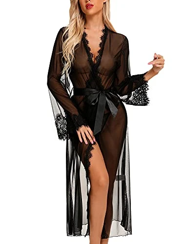 Women Lace Lingerie Sexy Kimono Long See Through Robe Mesh Nightgown Sleepwear Black Large