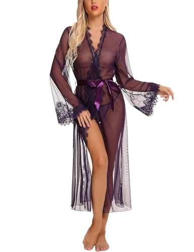 Women Lace Lingerie Sexy Kimono Long See Through Robe Mesh Nightgown Sleepwear Purple Medium