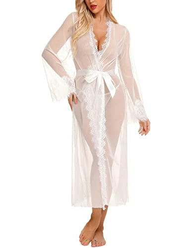 Women Lace Lingerie Sexy Kimono Long See Through Robe Mesh Nightgown Sleepwear White Small