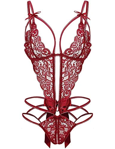 Women Lace Lingerie Sexy Strap Bodysuit Deep V One Piece Teddy Babydoll Mini Bodysuit(Wine Red M)