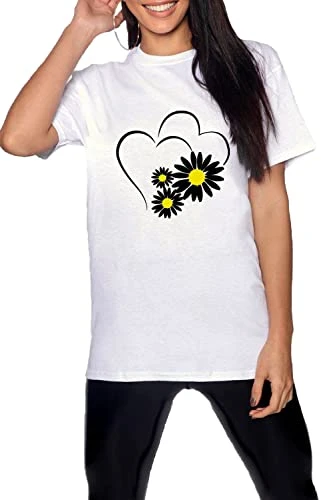 Women Ladies Boyfriend Gym Work Casual Summer Short Sleeve Tshirt Flower Heart Print White T Shirt X-Large (UK 14)