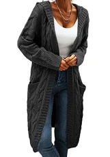 Women Ladies Cardigan Cable Knitted Oversized Long Hooded Chunky Jumper Cape Open Front Collarless Knit Top Charcoal Size 8-16