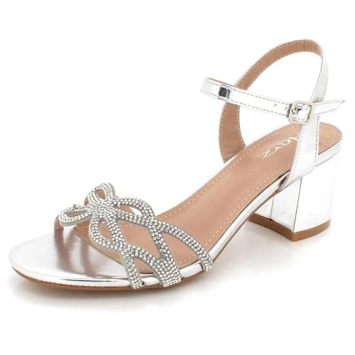 Women Ladies Crystal Diamante Front Evening Wedding Party Prom High Block Heel Sandals Silver Shoes