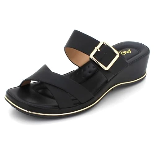 Women Ladies Double Strap Cushioned Comfort Sole Casual Slip On Wedge Heel Sandals Black Shoes Size 