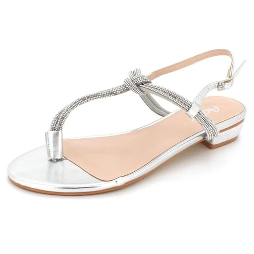 Women Ladies Evening Party Casual Comfort T-Bar Toe Post Slingback Low Block Heel Sandals Silver Sho