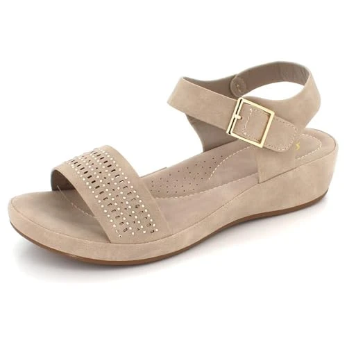 Women Ladies Faux Casual Comfort Lightweight Cushioned Insole Mid Wedge Heel Sandals Beige Shoes Siz