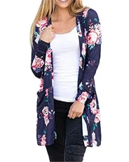 Women Ladies Floral Open Front Pocket Long Cardigan Boho Kimono Cover Up Coat Top Blue L Women Ladies Floral Open Front Pocket Long Cardigan Boho Kimono Cover Up Coat Top Blue L