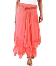 Women Ladies Hitched Up Belted Summer Maxi Skirt (Coral, 10), 7847-COR-10