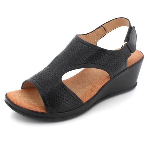 Women Ladies Hook & Loop Closure Lightweight Casual Comfort Cushioned Low Wedge Heel Sandals Black S